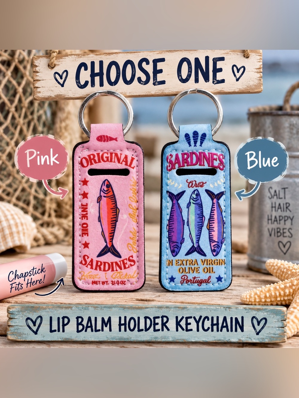 Sardines Lip Balm Holder Keychain – Pick Pink or Blue